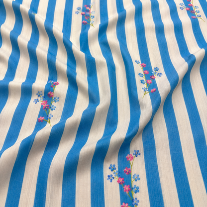 Pure Organic Cotton Digital Print Floral Stripe Fabric – Blue | Soft Breathable Summer Fabric | 44” Width (₹300 per meter)