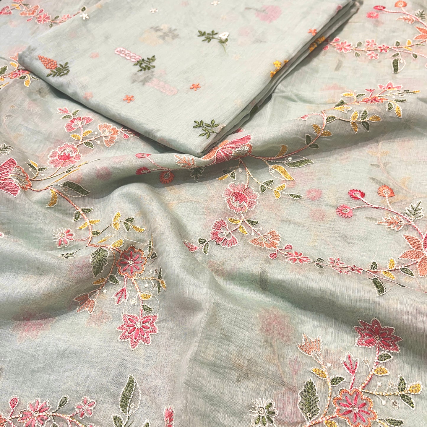 Mul Chanderi Silk Embroidered Combo of (Shirt+Bottom)