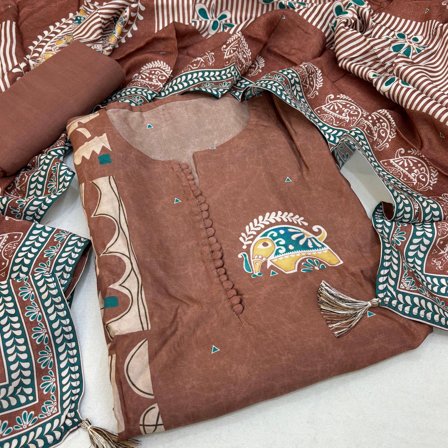 Premium Brown Printed Dola Silk Unstitched Suit Set | Printed Dupatta & Soft Silk Bottom (₹3350 per suit)