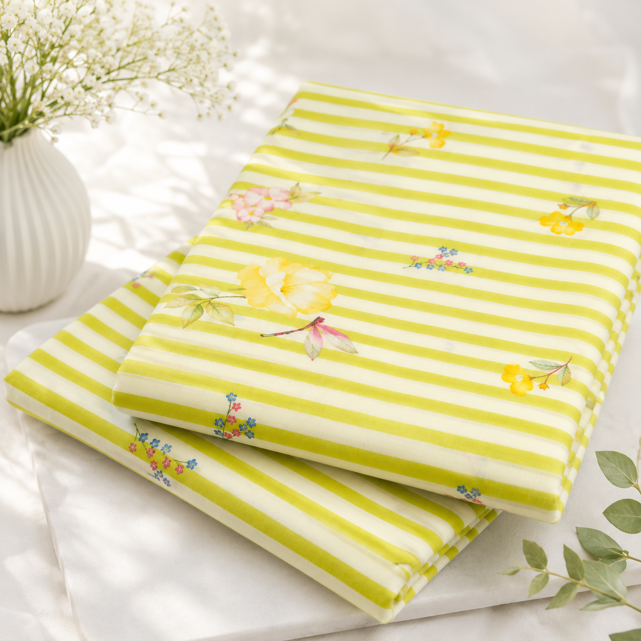 Pure Organic Cotton Digital Print Floral Stripe Fabric – Lime Yellow | Soft Breathable Summer Fabric | 44” Width (₹300 per meter)