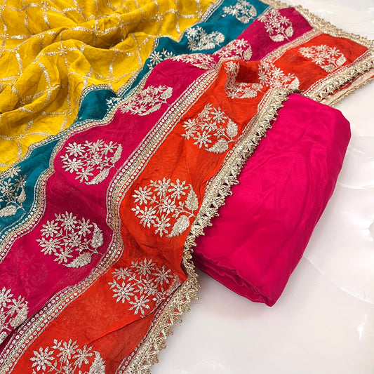 Multi Color Organza Embroidered Dupatta with Matching Pure Crepe Combo