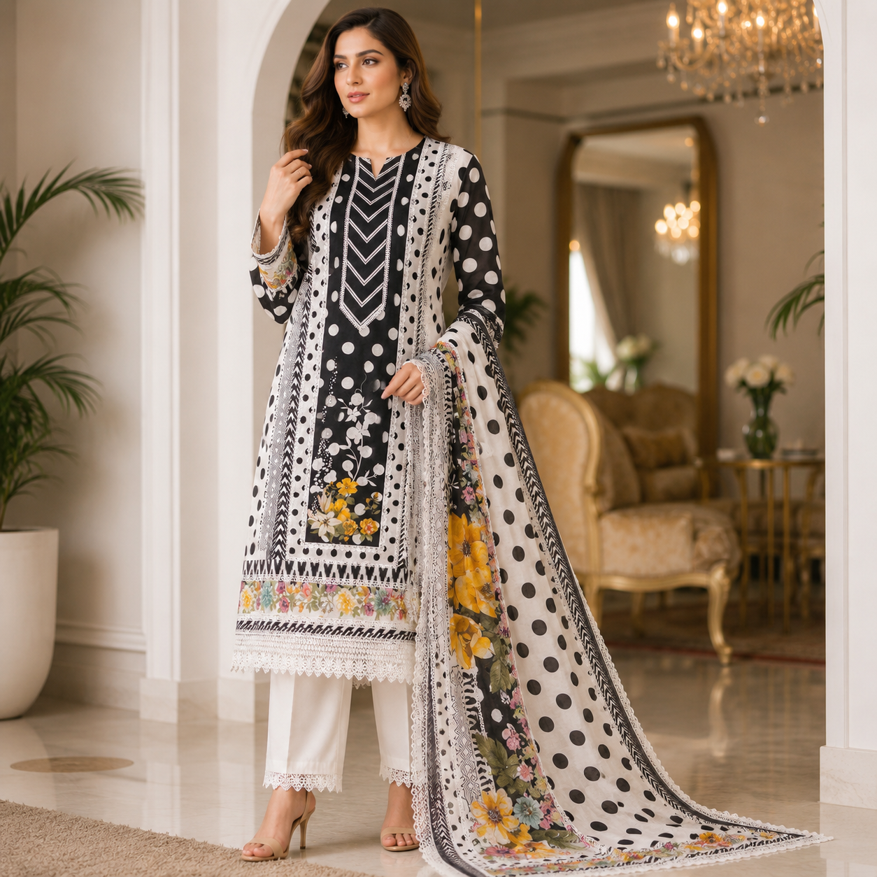 Pure Cotton Polka Print Unstitched Suit Set with Lace Work & Muslin Dupatta (₹2495/Suit)