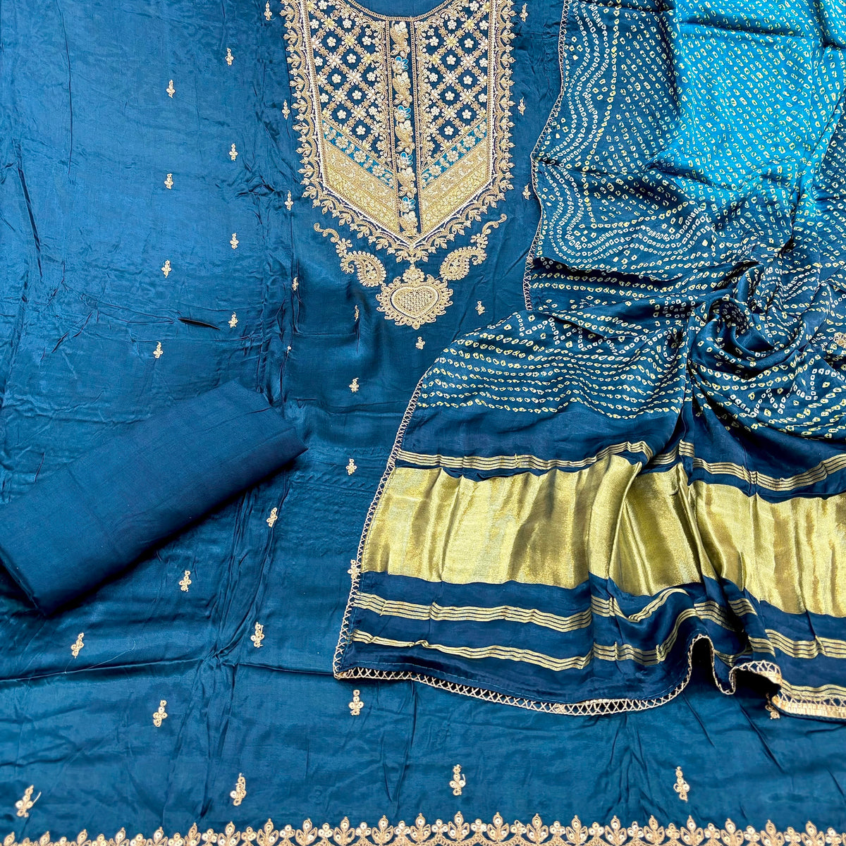 Gajji Silk Unstitched Suit with Embroidered Neckline & Bandhani Print (₹3700 per suit)