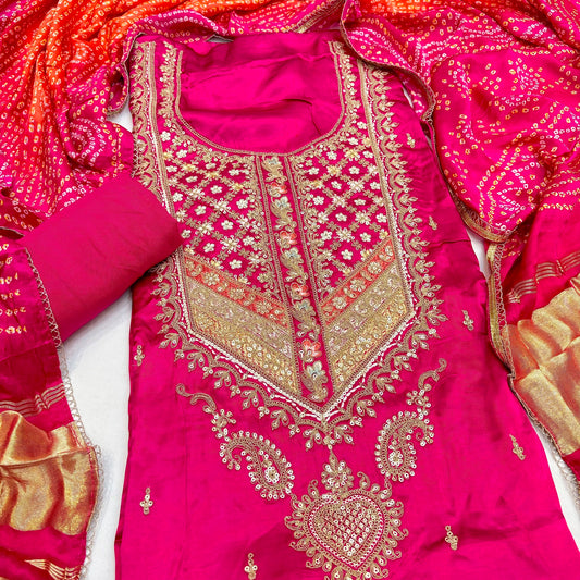 Gajji Silk Unstitched Suit with Embroidered Neckline & Bandhani Print (₹3700 per suit)