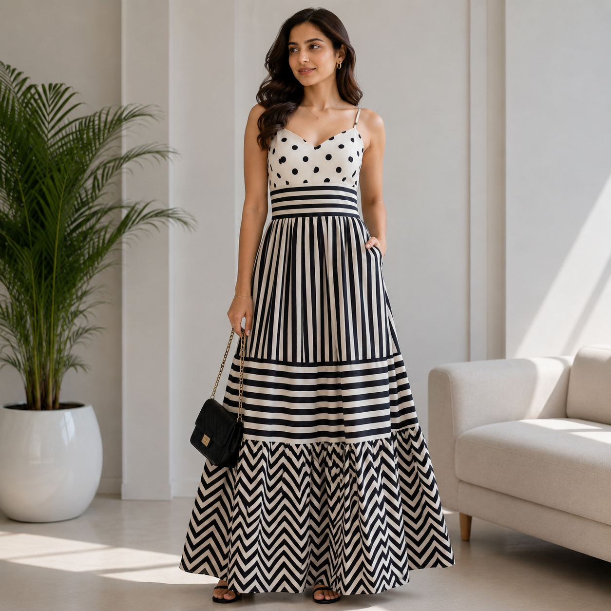 Black & Ivory Striped Modal Satin Printed Fabric – Soft & Flowy 44” (₹425 per meter)