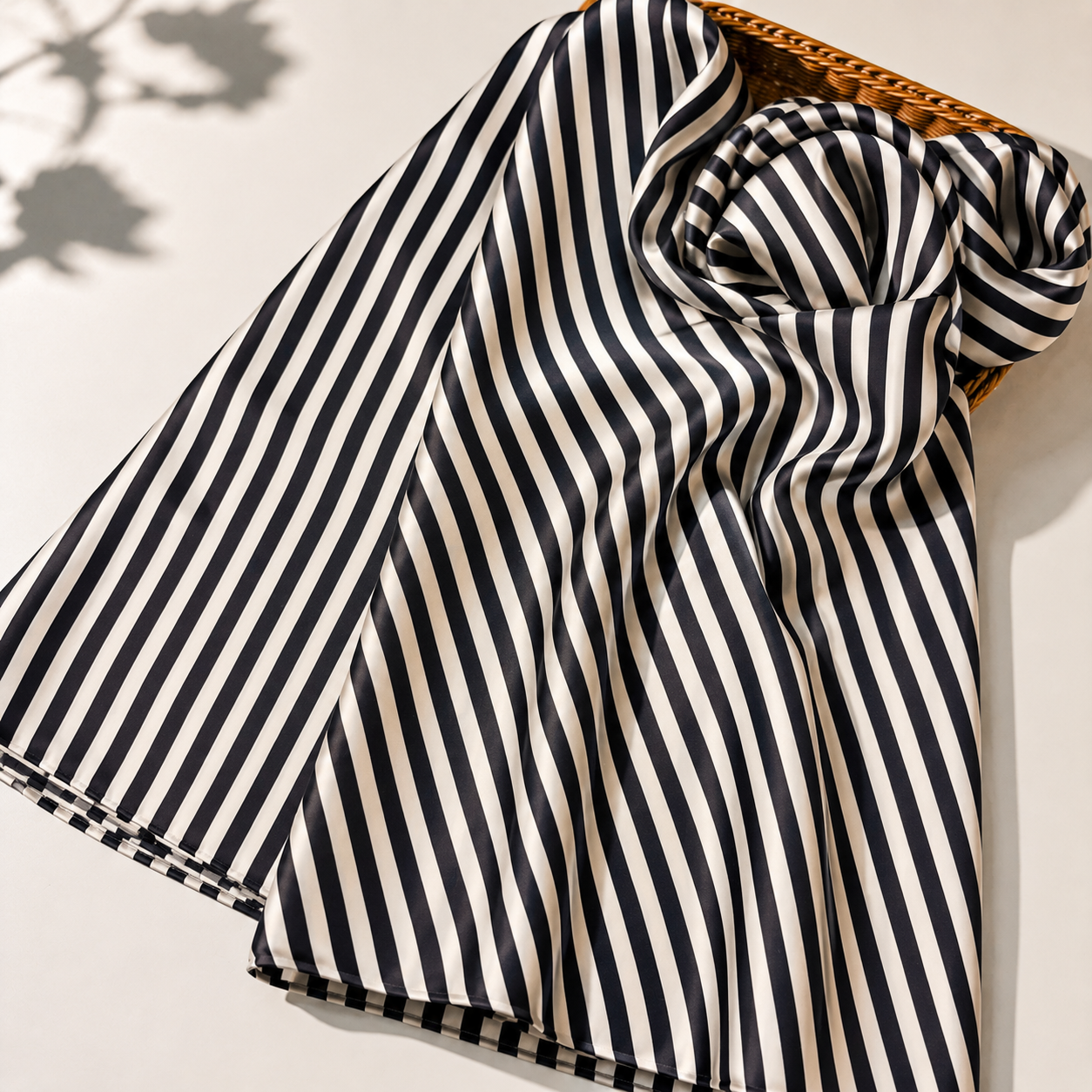 Black & Ivory Striped Modal Satin Printed Fabric – Soft & Flowy 44” (₹425 per meter)