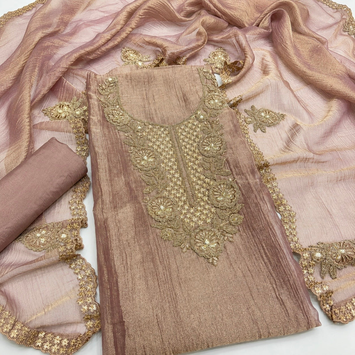 Premium Crush Tissue Embroidered Unstitched Suit Set | Festive Wear Dress Material | 4 Colours (₹4400 per suit)