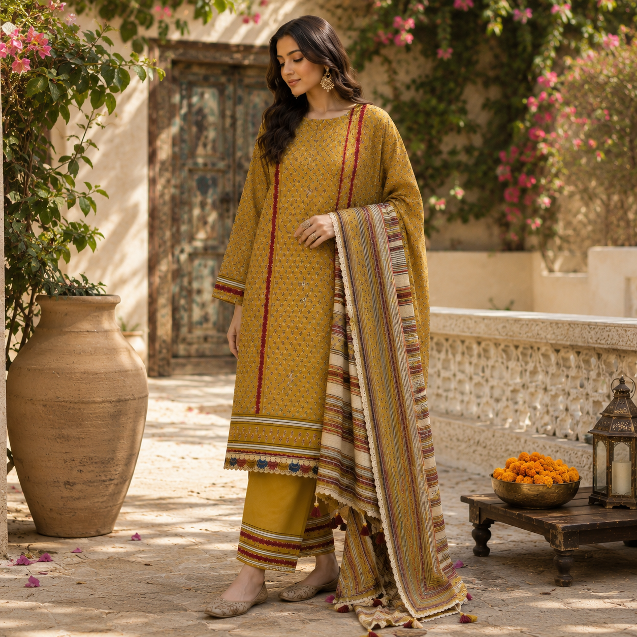 Organic Cotton Lacework Unstitched Suit Mustard (₹2550 per suit)
