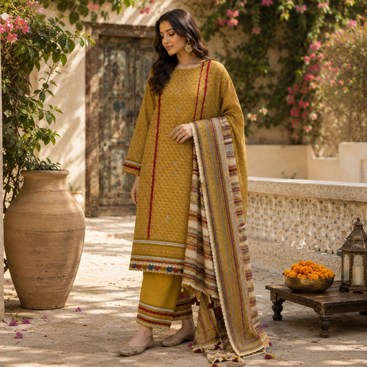 Organic Cotton Lacework Unstitched Suit Mustard