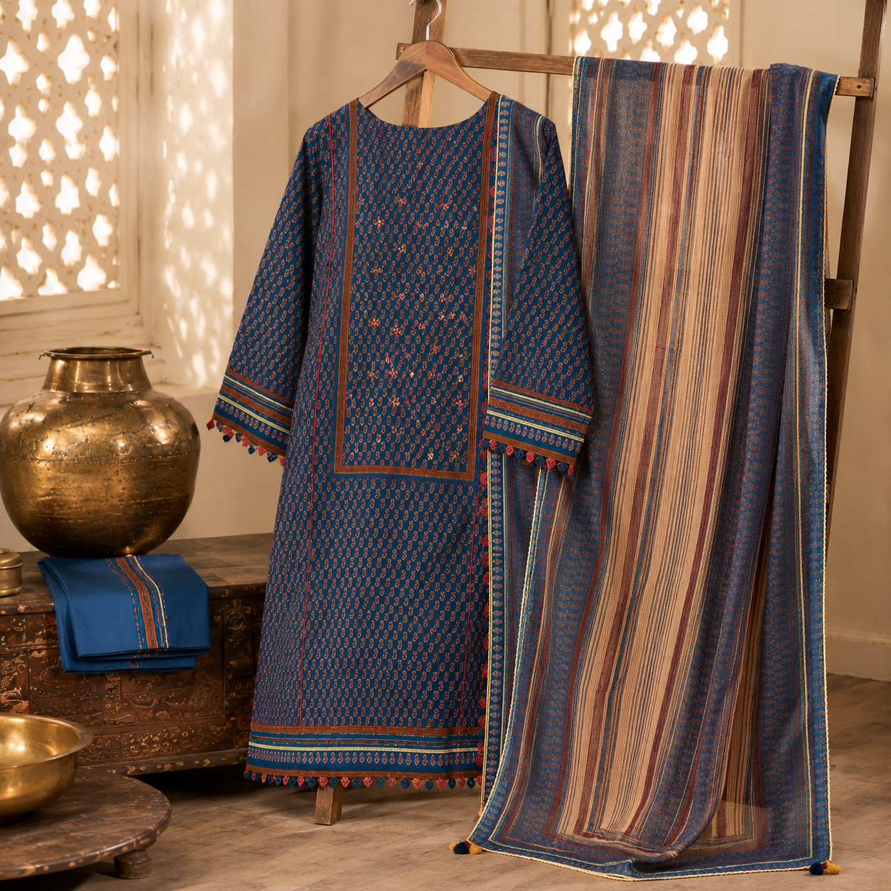 Organic Cotton Lacework Unstitched Suit Blue