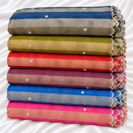 4D Organza Tissue Stripes with Scallop Borders 40” (₹450 per meter)