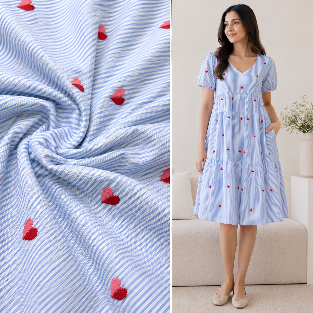 Sky Blue Heart Embroidered Cotton Stripe Fabric | Soft Breathable Summer Dress Material | Premium Apparel Fabric by KripaFAB