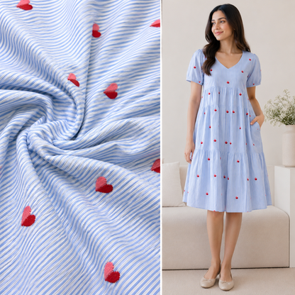 Sky Blue Heart Embroidered Cotton Stripe Fabric | Soft Breathable Summer Dress Material | Premium Apparel Fabric by KripaFAB