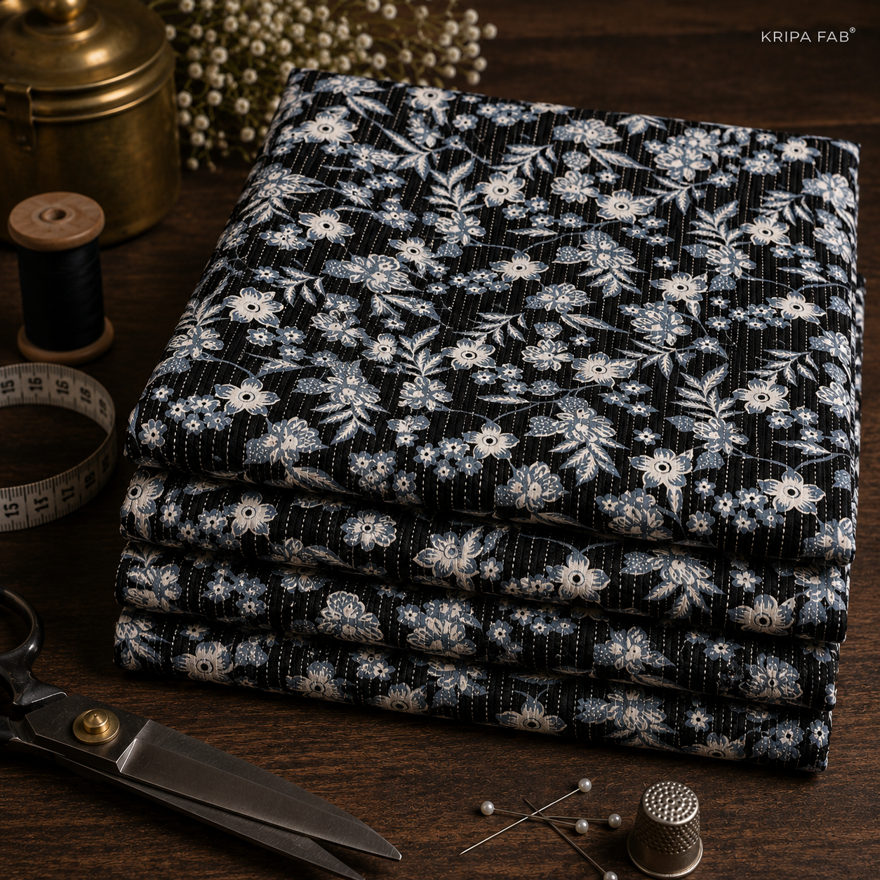 Pure Cotton Kantha Floral Print Black (₹175 per meter)