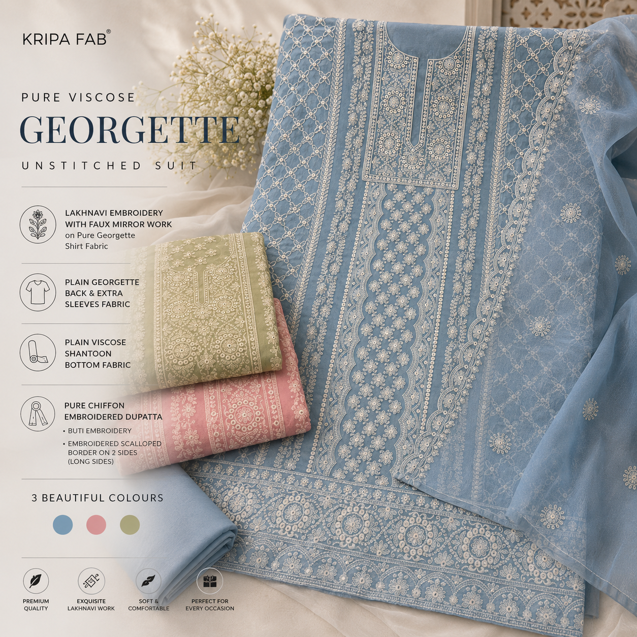 Pure Viscose Georgette Lakhnavi Embroidered Unstitched Suit with Faux Mirror Work & Pure Chiffon Dupatta (₹2599 per suit)