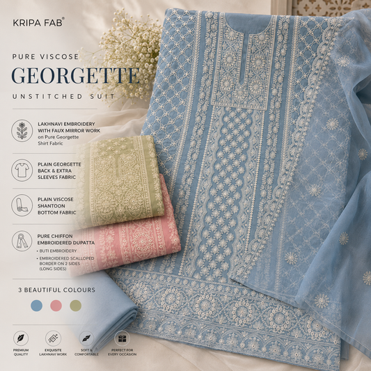 Pure Viscose Georgette Lakhnavi Embroidered Unstitched Suit with Faux Mirror Work & Pure Chiffon Dupatta (₹2599 per suit)
