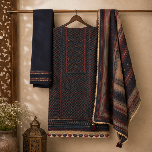 Organic Cotton Lacework Unstitched Suit Surmyi Black