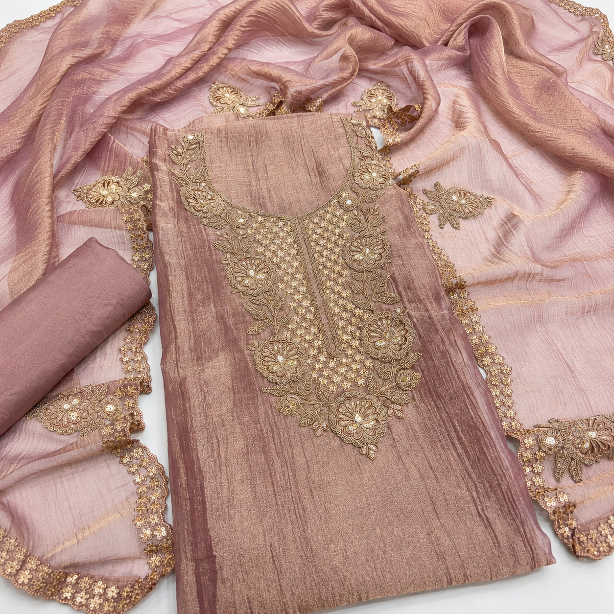 Premium Crush Tissue Embroidered Unstitched Suit Set | Festive Wear Dress Material | 4 Colours (₹4400 per suit)