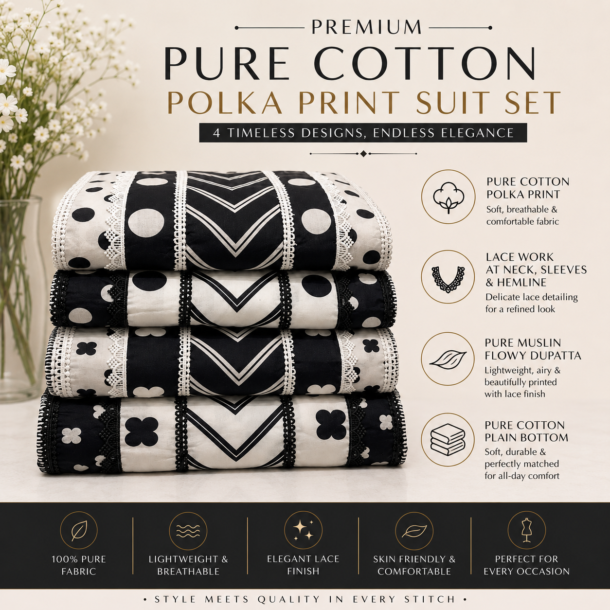Pure Cotton Polka Print Unstitched Suit Set with Lace Work & Muslin Dupatta (₹2495/Suit)