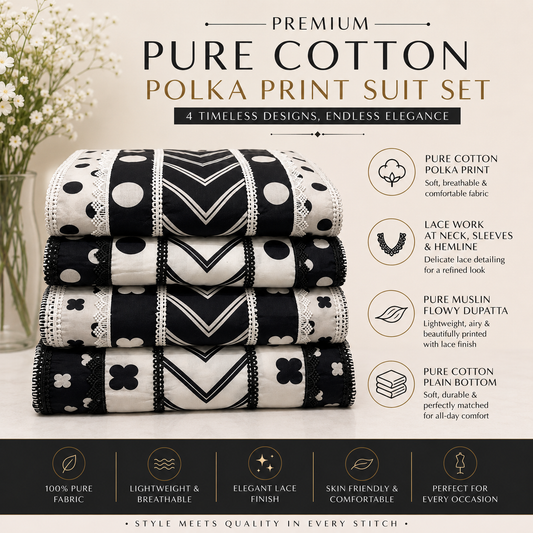 Pure Cotton Polka Print Unstitched Suit Set with Lace Work & Muslin Dupatta (₹2495/Suit)