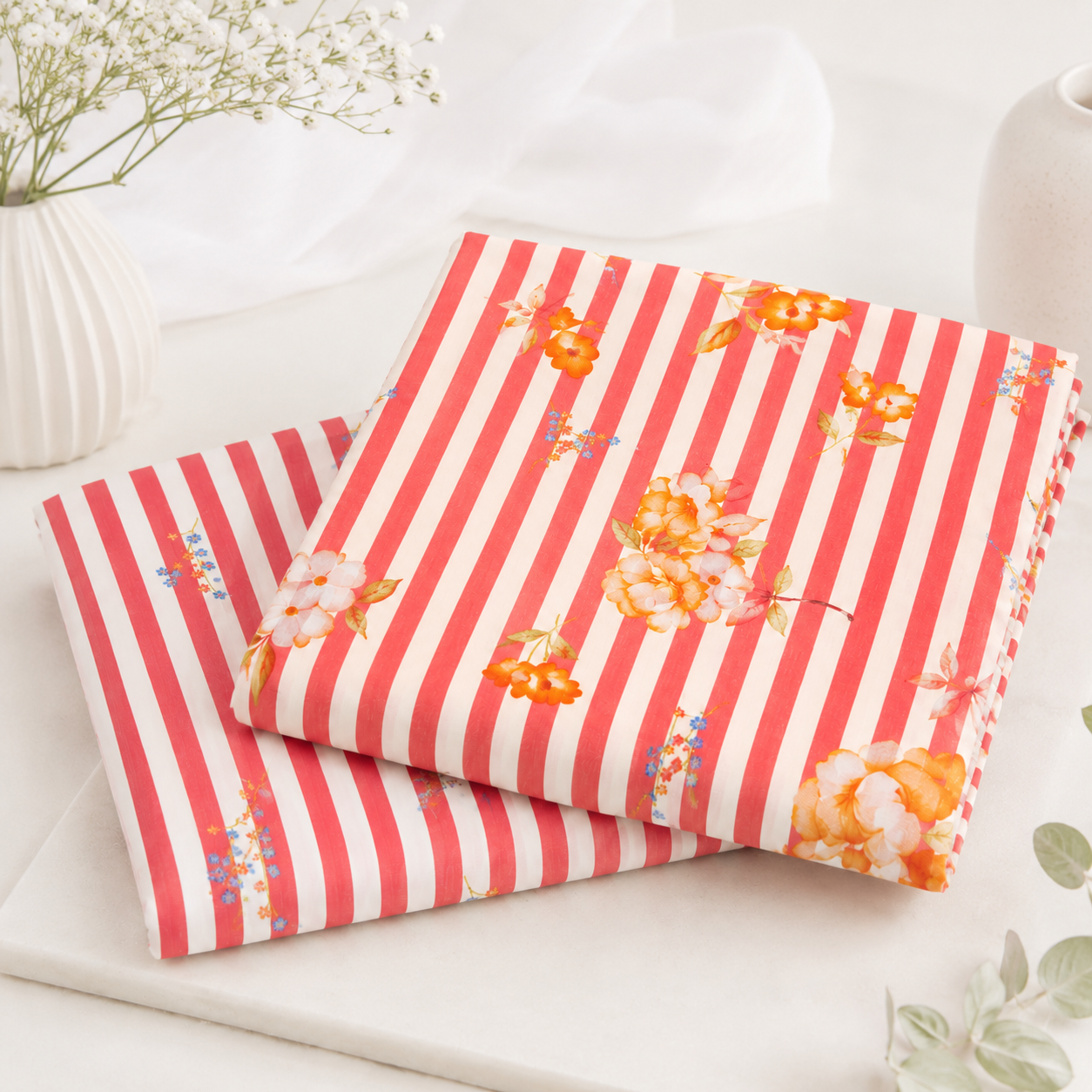 Pure Organic Cotton Digital Print Floral Stripe Fabric – Gajri Red| Soft Breathable Summer Fabric | 44” Width (₹300 per meter)