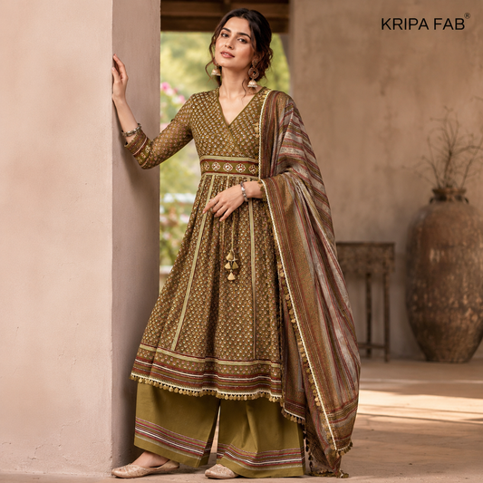 Organic Cotton Lacework Unstitched Suit Olive Green