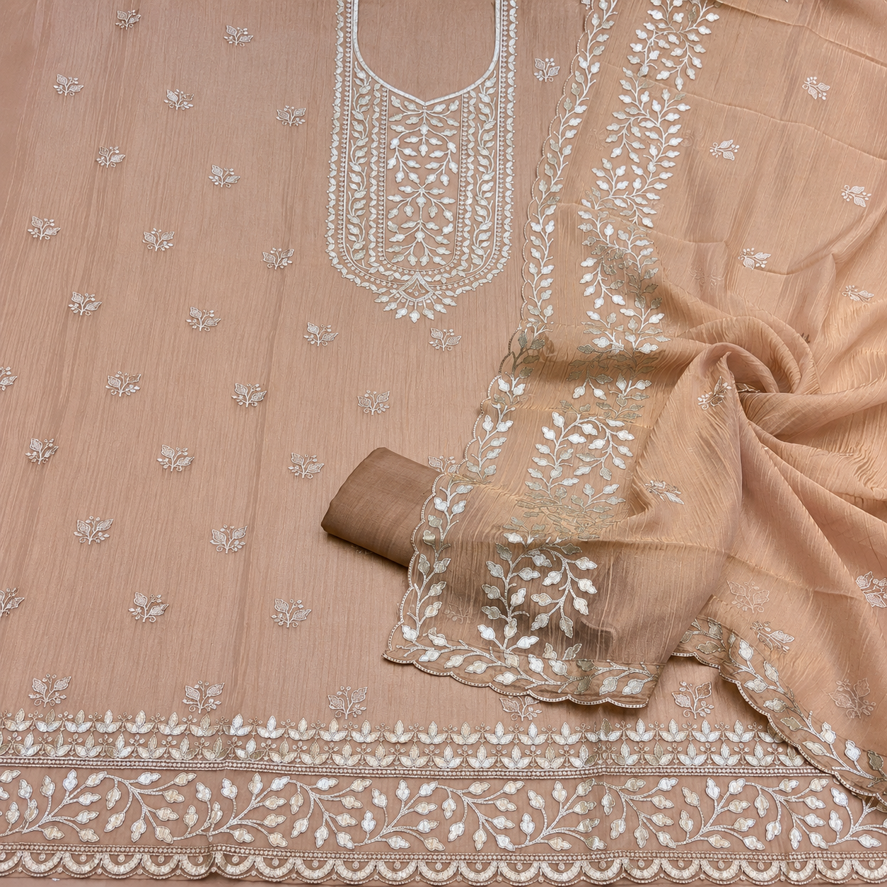 Premium Gold Foil Patti Crush Silk Tissue Embroidered Unstitched Suit Set | Pakistani Style | Taupe Beige (₹4500 per suit)