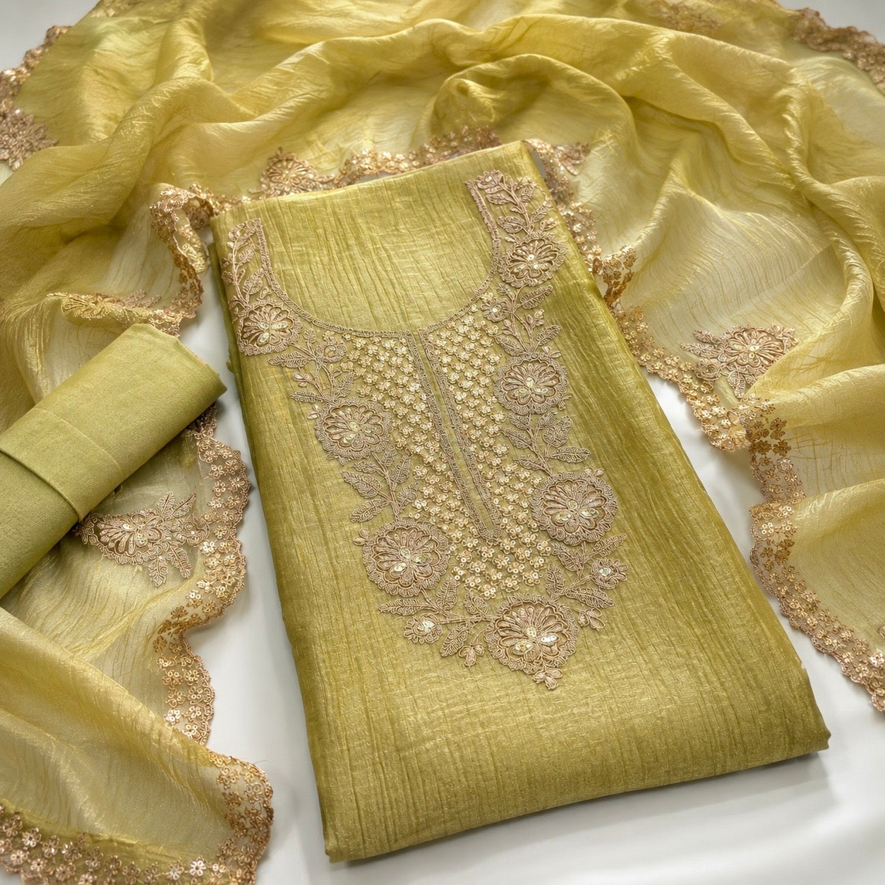 Premium Crush Tissue Embroidered Unstitched Suit Set | Festive Wear Dress Material | 4 Colours (₹4400 per suit)
