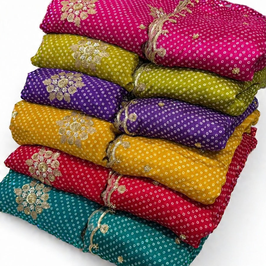 Pure Crepe Bandhani Cutdana Nalki Work with Matching Chinon Dupatta