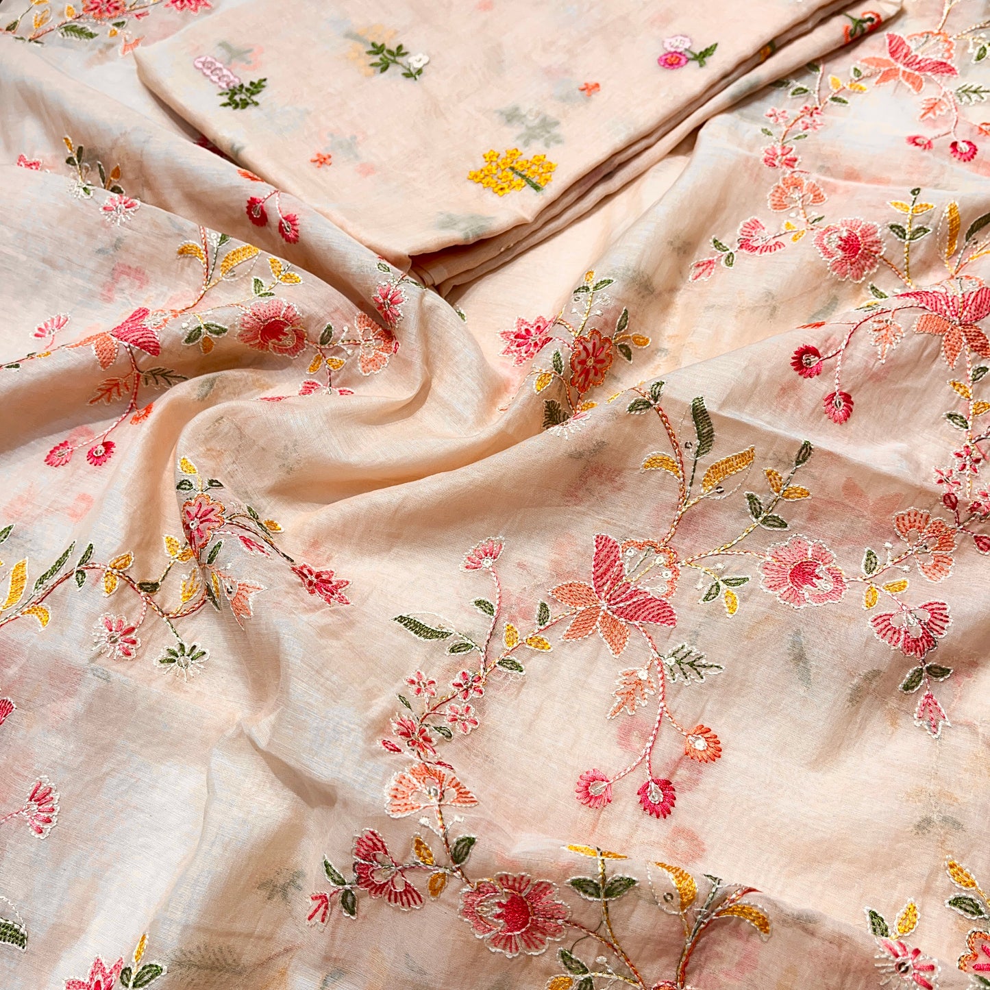 Mul Chanderi Silk Embroidered Combo of (Shirt+Bottom)