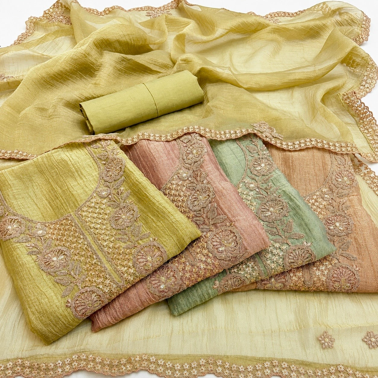Premium Crush Tissue Embroidered Unstitched Suit Set | Festive Wear Dress Material | 4 Colours (₹4400 per suit)