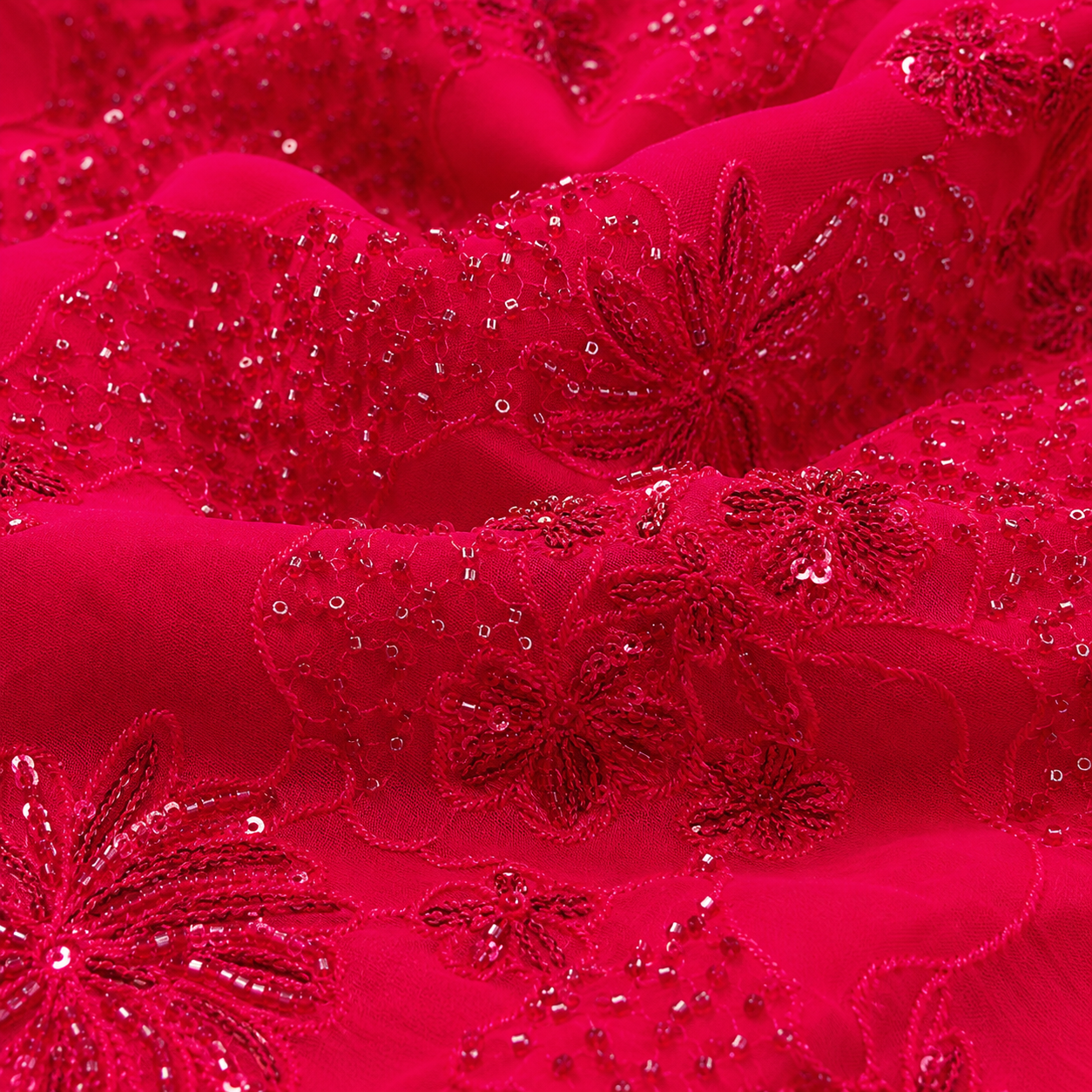 Fuchsia Pink Heavy Beads Work Party Wear Georgette Fabric (₹950 per meter)