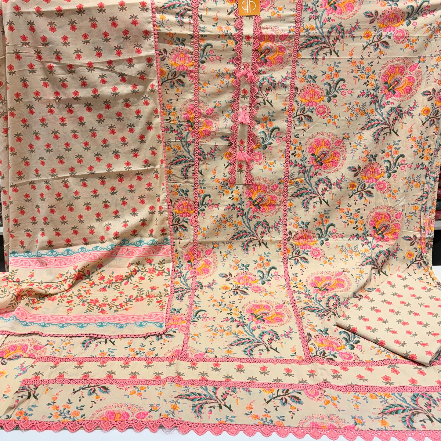 Pure Cotton 3pc Lace Suit (Unstitched)