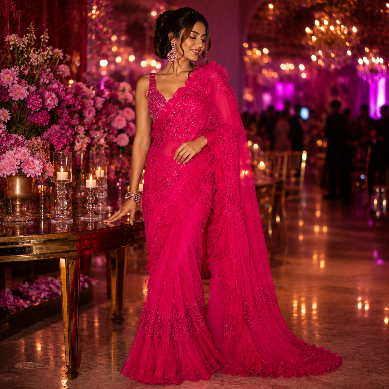 Fuchsia Pink Heavy Beads Work Party Wear Georgette Fabric (₹950 per meter)