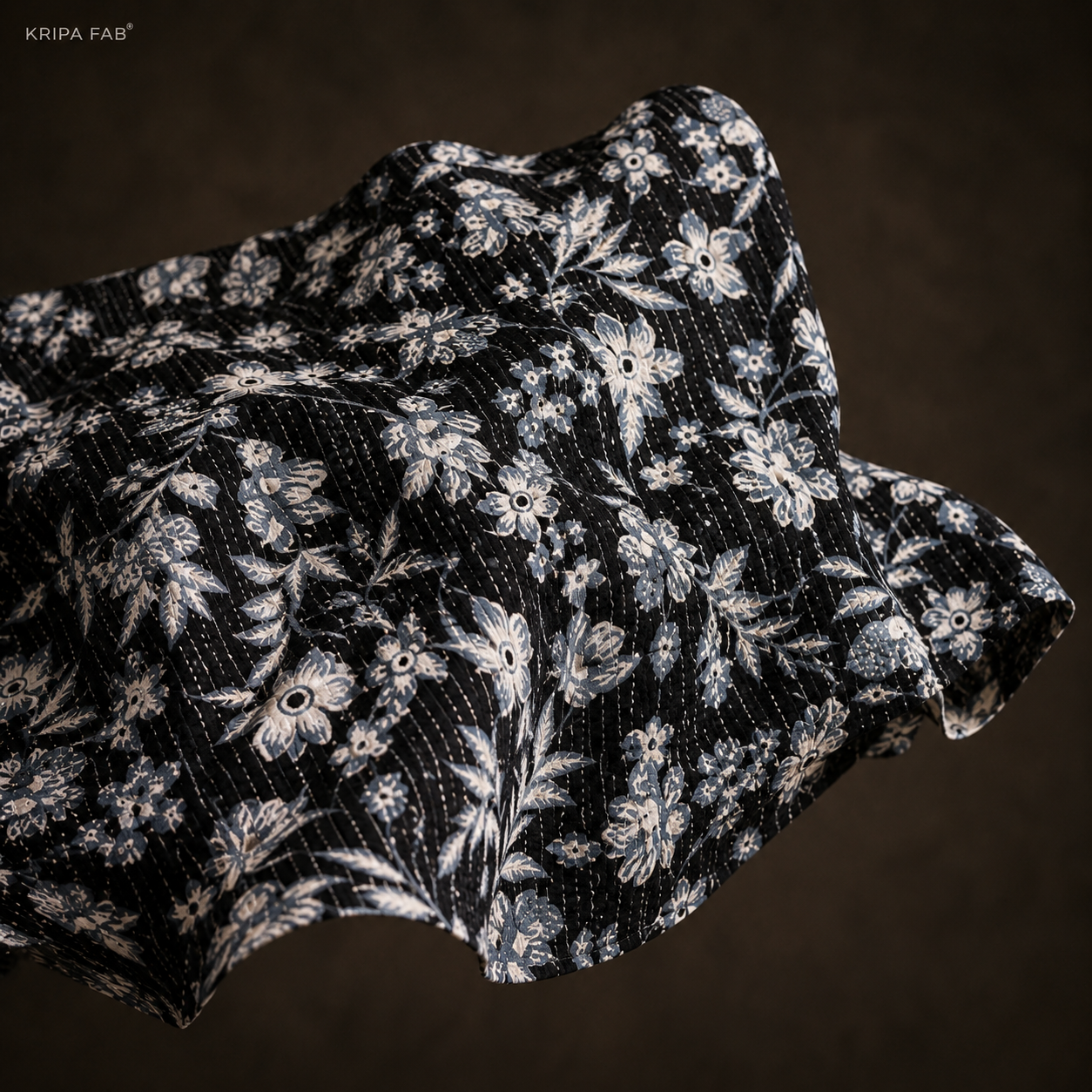 Pure Cotton Kantha Floral Print Black (₹175 per meter)