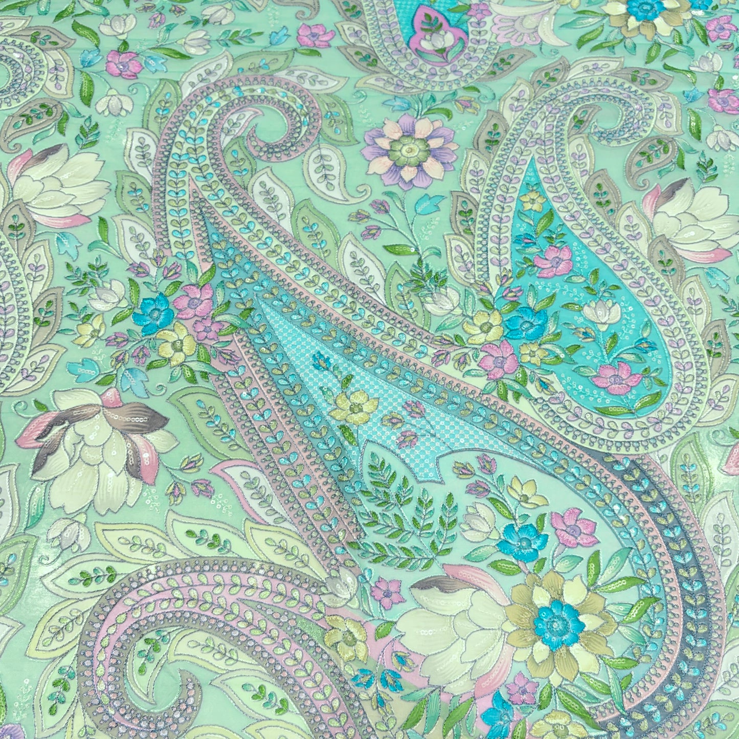 Luxury Pure Organza Paisley Position Print Embroidery (₹1350 per meter)