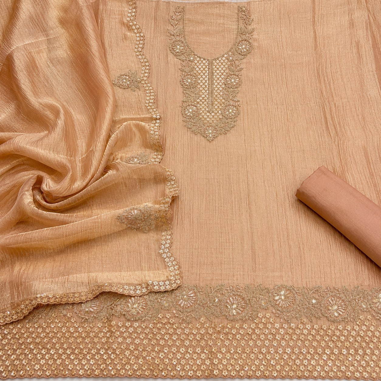 Premium Crush Tissue Embroidered Unstitched Suit Set | Festive Wear Dress Material | 4 Colours (₹4400 per suit)