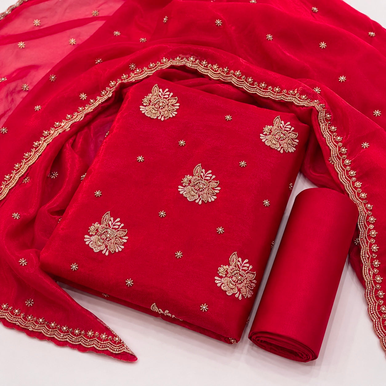 Magenta (Red + Pink) Organza Shimmer Suit with Heavy Nalki Cutdana Embroidery & Handwork Dupatta | Unstitched Punjabi Suit (₹2999 per suit)