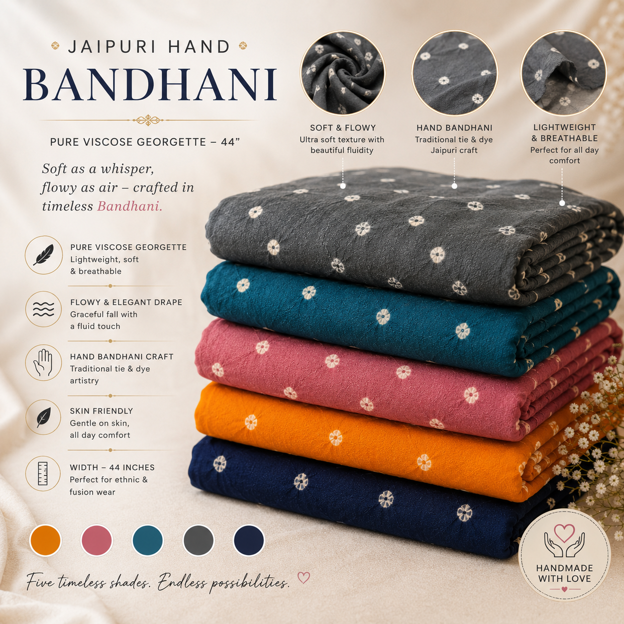 Jaipuri Folk Hand Bandhani Pure Viscose Georgette Fabric by Meter | 44 Inch Width | Soft Flowy Dress Material (₹400 Per Meter)