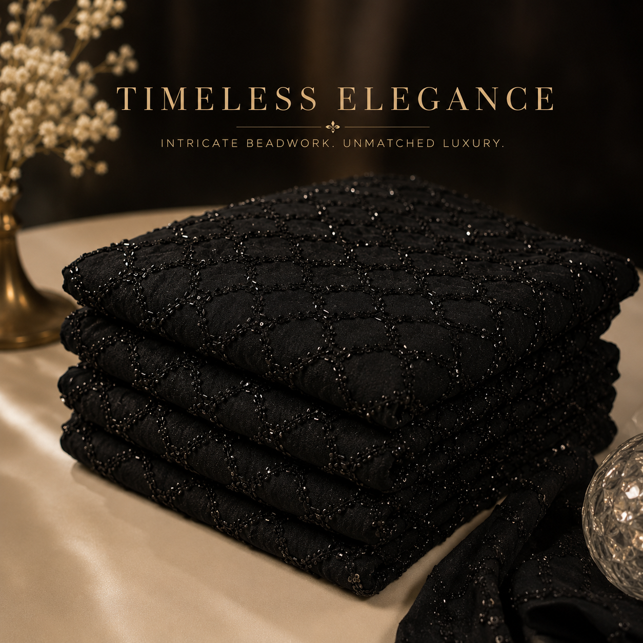 Pure Georgette Beads Cutdana Honeycomb Embroidered Fabric Black (₹1250 per meter)