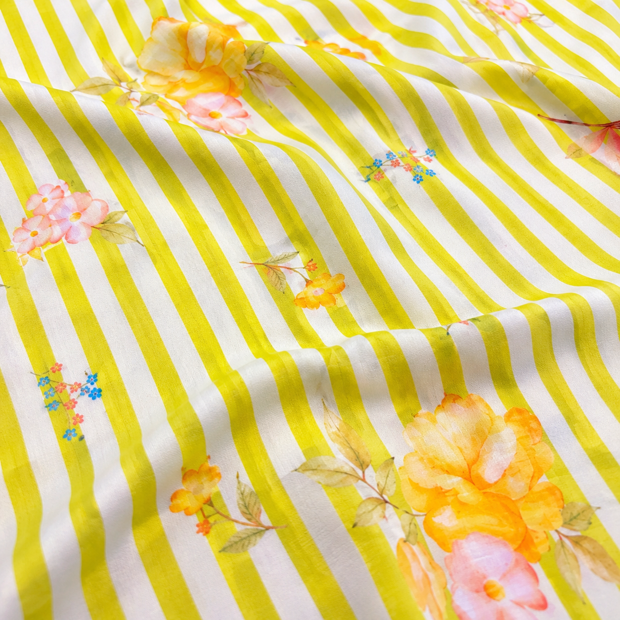 Pure Organic Cotton Digital Print Floral Stripe Fabric – Lime Yellow | Soft Breathable Summer Fabric | 44” Width (₹300 per meter)