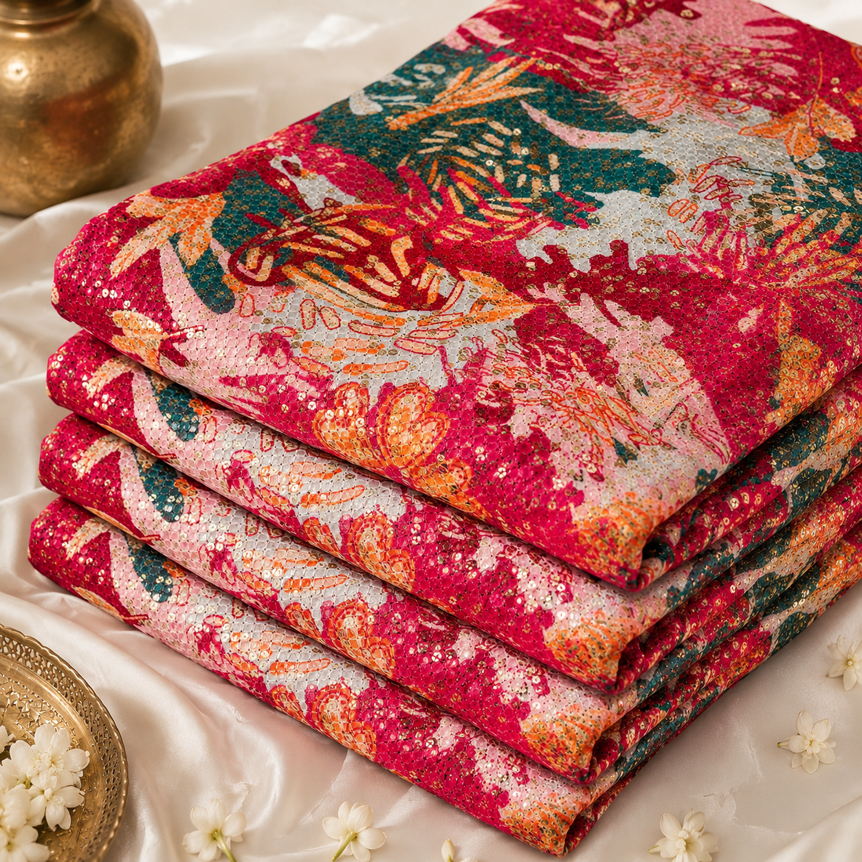 Pure Chinon Print with Embroidery Multi Coloured (₹675 per meter)