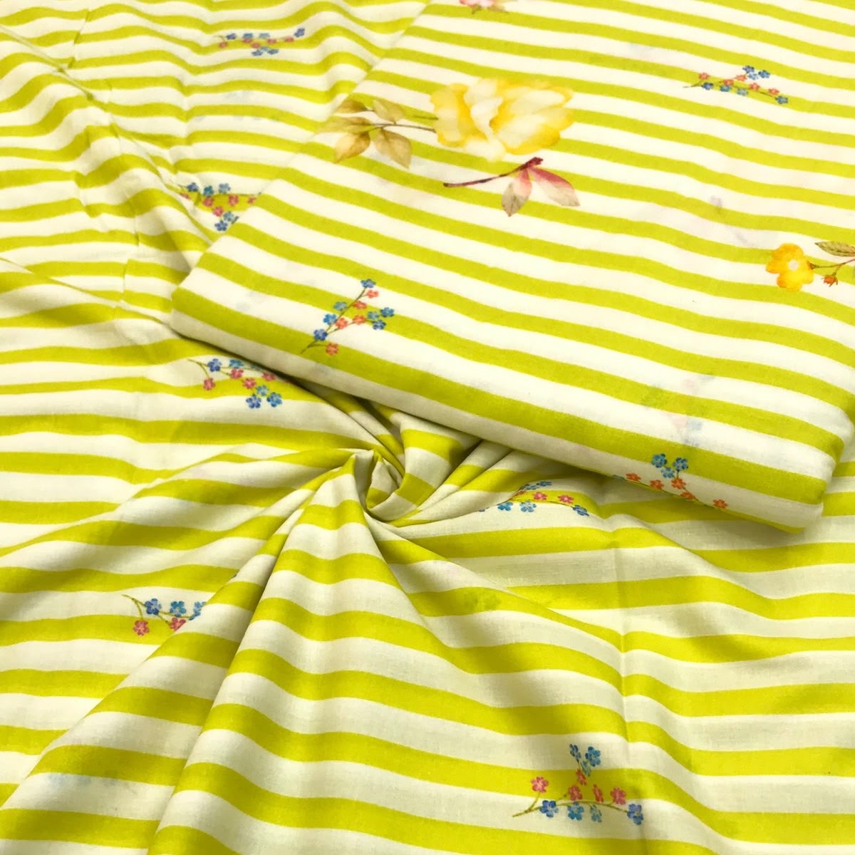 Pure Organic Cotton Digital Print Floral Stripe Fabric – Lime Yellow | Soft Breathable Summer Fabric | 44” Width (₹300 per meter)