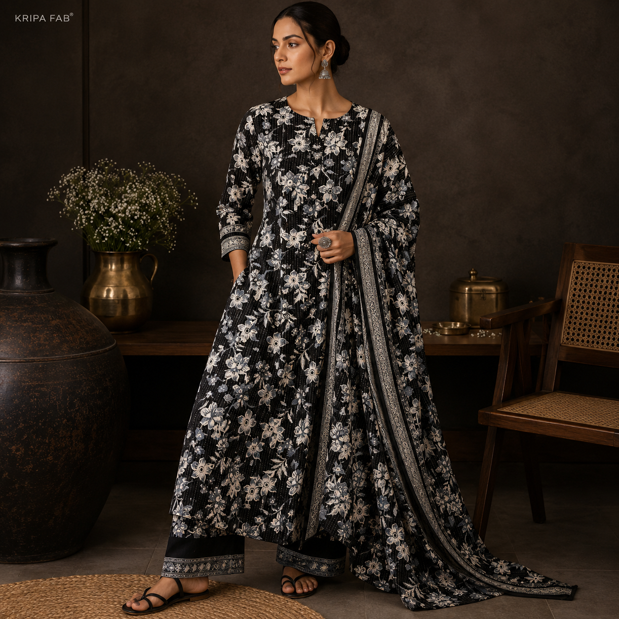 Pure Cotton Kantha Floral Print Black (₹175 per meter)