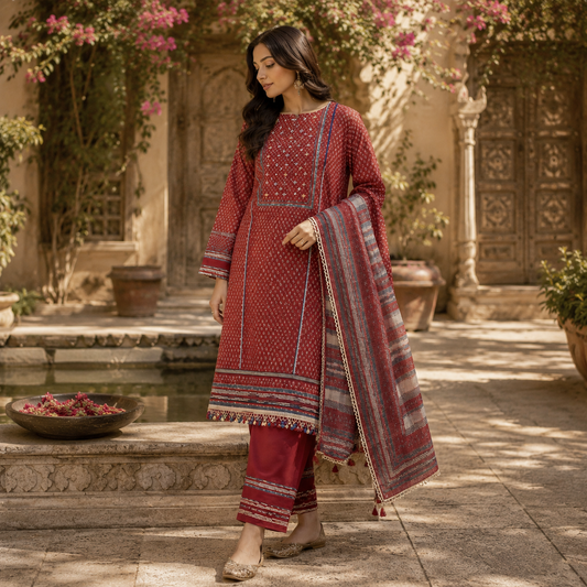 Organic Cotton Lacework Unstitched Suit Maroon Red