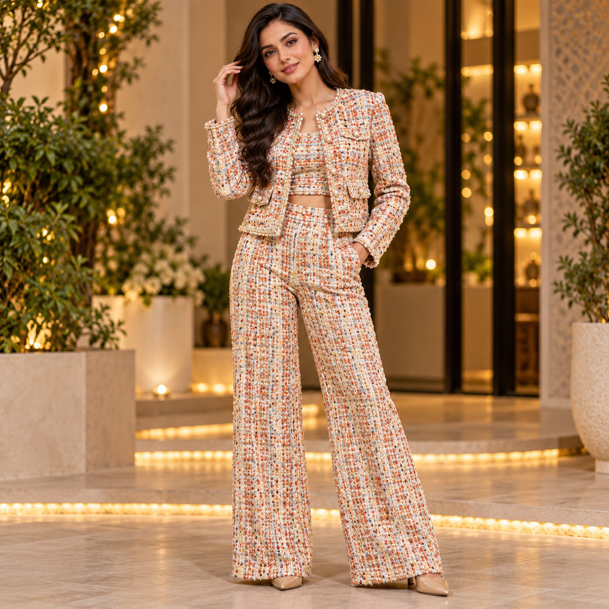 Premium Multicolor Tweed Fabric with Golden Shimmer | 54 Inch Wide Winter Fabric for Co-Ord Sets, Jackets & Coats etc (₹1050 per meter)