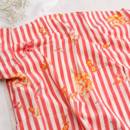 Pure Organic Cotton Digital Print Floral Stripe Fabric – Gajri Red| Soft Breathable Summer Fabric | 44” Width (₹300 per meter)