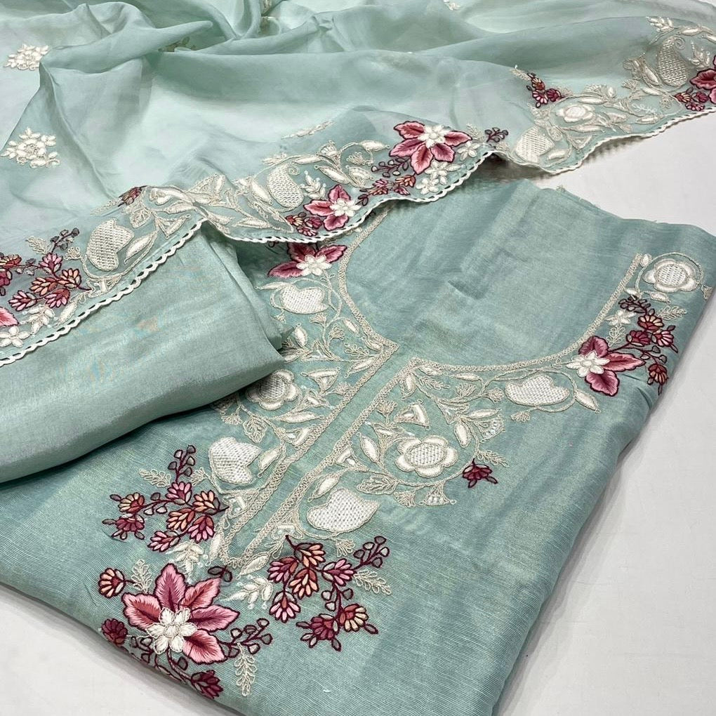 Linen Tissue Embroidered Suit (Shirt/Bottom/Dupatta)