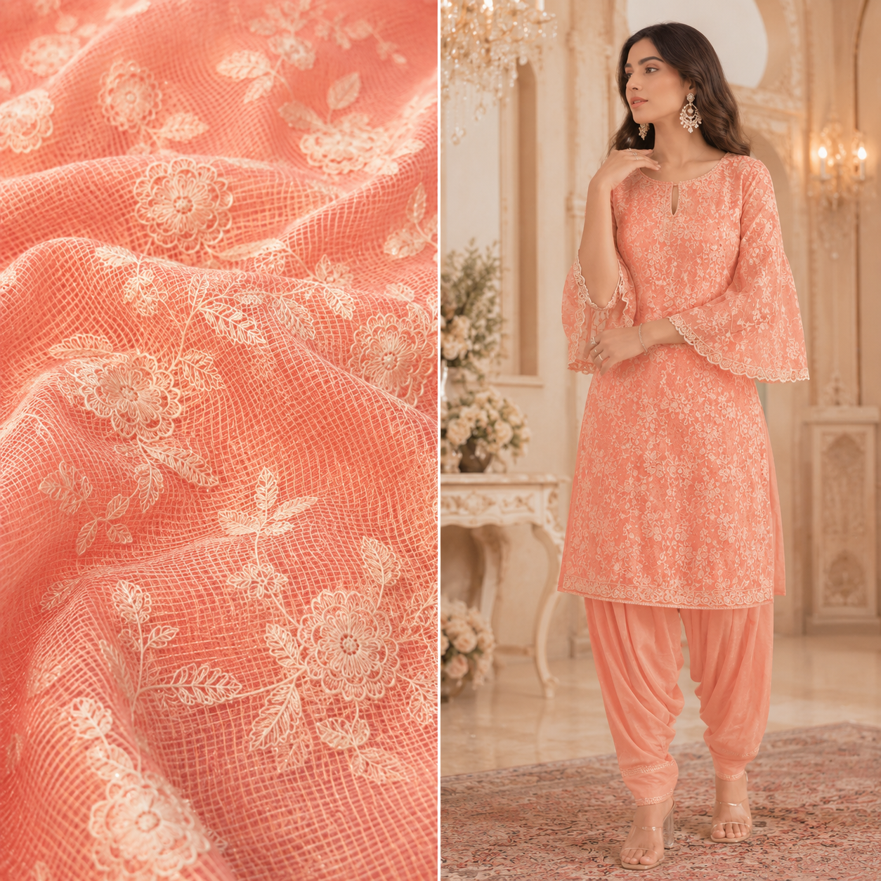 Premium Floral Embroidered Kota Doriya Fabric (₹400 per meter)