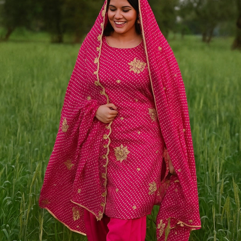 Pure Crepe Bandhani Cutdana Nalki Work with Matching Chinon Dupatta